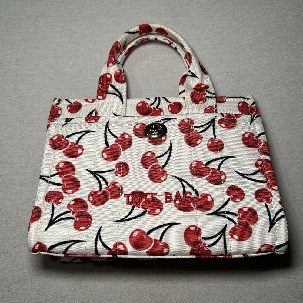 Small Canvas Hobo Tote Bag with Cherry Print, Purse with Zipper